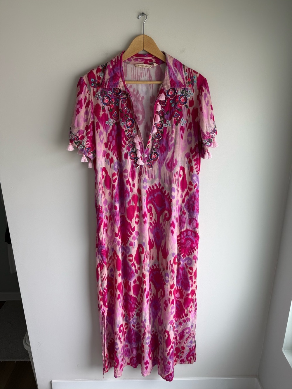 Soft Surroundings Pink Palace Embroidered Tassel Rayon Maxi Tunic Dress M